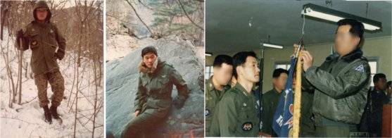 정구왕 전 정보사 중령이 임관 뒤 80년대 초반 공수부대와 특공여단 근무 시 찍은 사진. 맨 오른쪽은 85년 선봉중대장 수여식 모습. 21개 중대 중 자신이 맡은 부대를 2년 연속 선봉 중대로 만들었다. 사진 정구왕 제공