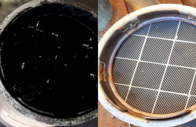 노후 경유차 매연저감장치(DPF) 필터 클리닝 전후 상태.  필터가 카본으로 막히면 출력 저하와 엔진 과열로 화재 위험도 증가한다. [사진제공=자동차시민연합]