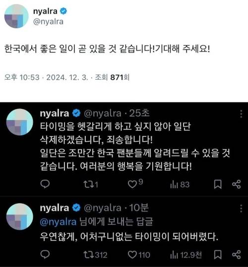 일본 게임의 스토리 작가가 비상 계엄 당시 SNS를 올렸다가 삭제했다. [사진=X @nyalra 캡쳐]