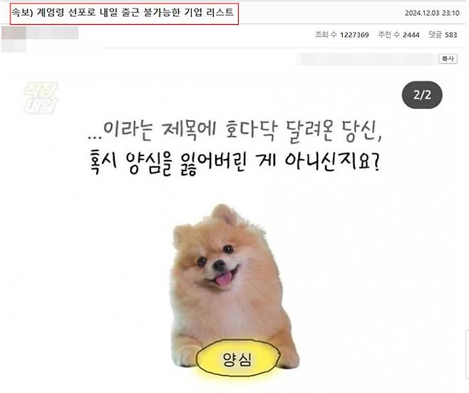 윤석열 대통령이 심야 긴급 담화를 통해 계엄을 선포하자 각종 온라인 커뮤니티에서 "2024년에 이게 말이 되냐" "아, 내 주식" 등의 다양한 반응이 터져나왔다./사진=커뮤니티 에펨코리아 캡쳐