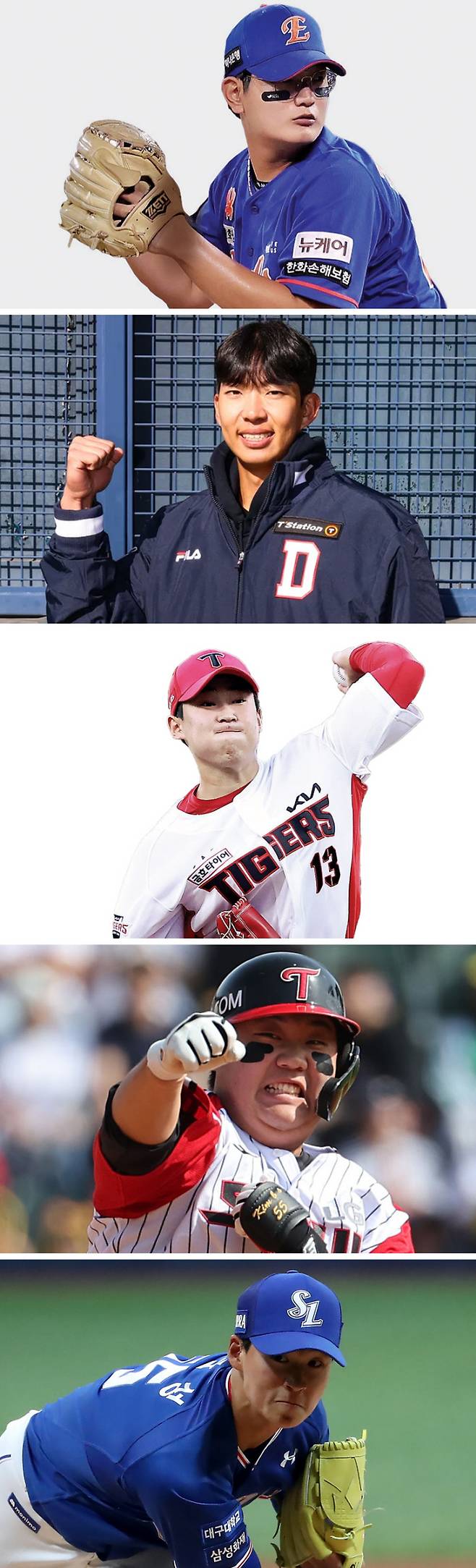 2025시즌 3년차를 맞이하는 한화 김서현·두산 김민석·KIA 윤영철·LG 김범석·삼성 이호성(위쪽부터). 한화·두산 제공·연합뉴스·정지윤 선임기자