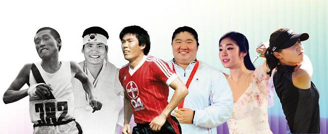 한국 스포츠 역사 중심에는 고려대 출신 스포츠 스타들이 있다. 대표적 선수인 손기정, 조오련, 차범근, 장미란, 김연아, 리디아 고(왼쪽부터). [GETTYIMAGES, 대한체육회 제공, GETTYIMAGES, 동아DB, 스포츠동아, 뉴시스]