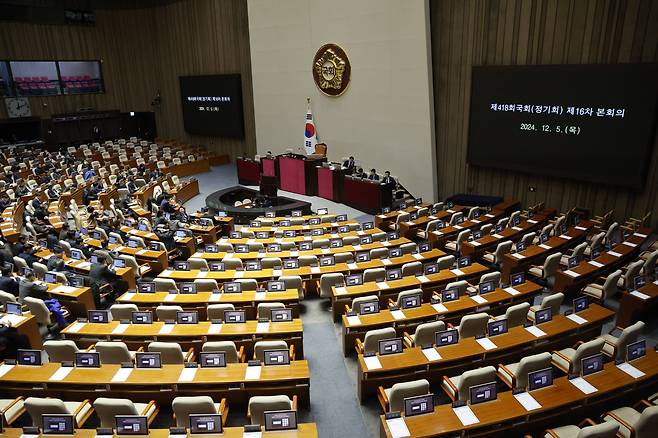 5일 새벽 서울 여의도 국회에서 제418회국회(정기회) 제16차 본회의를 앞두고 국민의힘 의원 좌석이 비어 있다. 이날 본회의에는 윤석열 대통령과 김용현 국방부 장관에 대한 탄핵소추안이 보고된다. /뉴스1