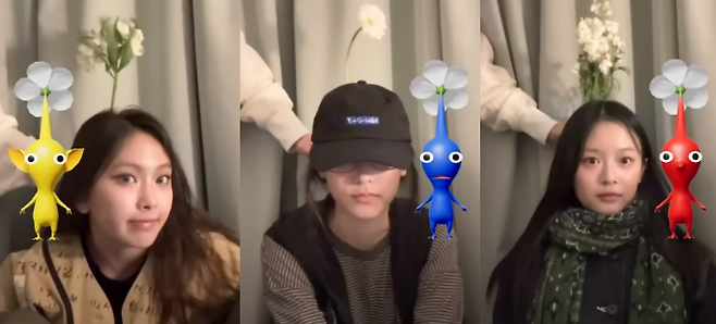 피크민 블룸을 즐기는 뉴진스 멤버들. 라이브방송 캡처