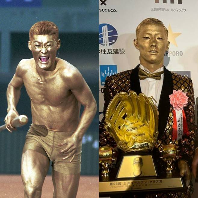 1994년 잠실야구장에서 금칠 분장 후 본지와의 특집 인터뷰에 응한 이종범(왼쪽)과 2024년 골든글러브 시상식에 참석한 다쓰미. 사진=IS 포토, 라쿠텐 SNS