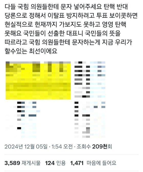 여당인 국민의힘 의원을 상대로 “탄핵을 찬성하라”는 취지의 문자 메시지를 보내자는 독려 글이 SNS 등에 연이어 올라오고 있다 있다. X(구 트위터) 캡처