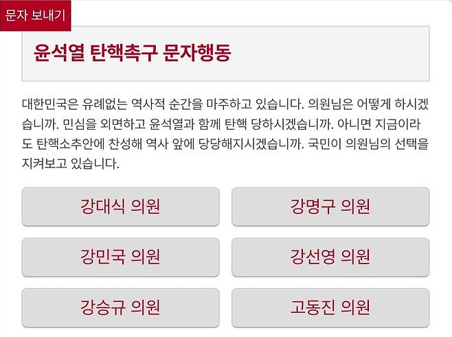 전국민주노동조합총연맹이 5일 만들어 배포한 '윤석열 탄핵촉구 문자행동' 사이트. 화면을 밑으로 내리면 여당 소속 의원 108명의 명단이 모두 나오고, 이름을 누르면 설정된 문자메시지가 전송되도록 연결된다.