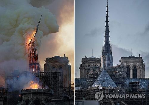 2019년 4월15일 불에 타던 노트르담 대성당과 현재 복원된 대성당 모습. [AFP 연합뉴스 자료사진. 재판매 및 DB 금지]