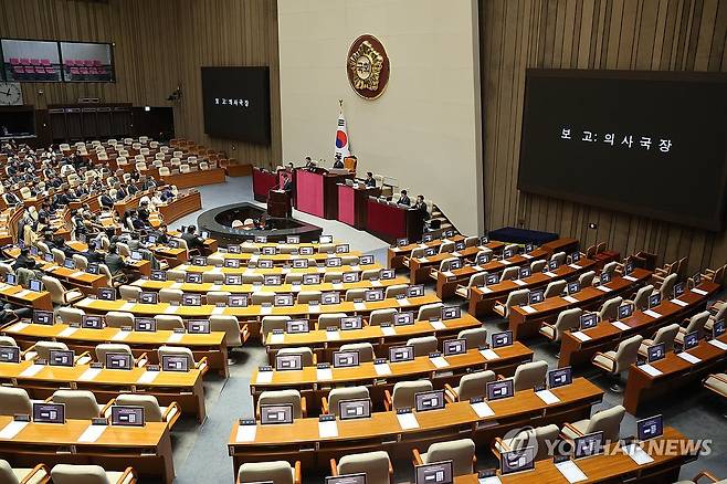 윤 대통령 탄핵소추안 본회의 보고 (서울=연합뉴스) 김주성 기자 = 5일 새벽 국회 본회의에서 윤석열 대통령에 대한 탄핵소추안이 보고되고 있다. 
    국민의힘 의원을 제외한 야6당 의원 190명 전원과 무소속 김종민 의원이 서명한 탄핵소추안은 이날 본회의에 보고된 뒤 24시간 이후 72시간 이내에 표결하게 된다. 2024.12.5 utzza@yna.co.kr