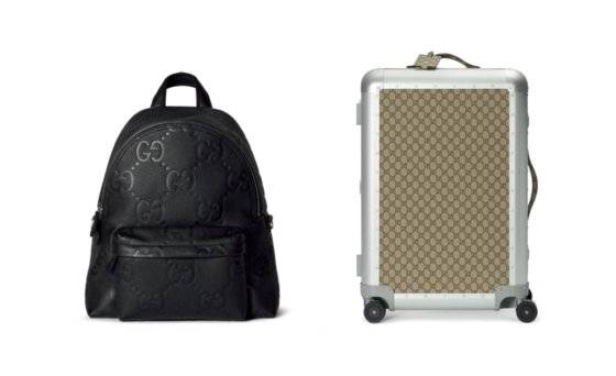 점보 GG 모노그램이 돋보이는 백 팩(왼쪽)과 실버 알루미늄과 GG 모노그램이 조화를 이루는 구찌 포터 트롤리(오른쪽). [사진 구찌]