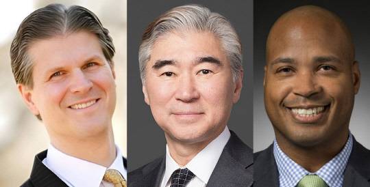 폴 딜레이니(왼쪽부터) SK아메리카스 대관 총괄 부사장, 성 김 현대차그룹 그룹 싱크탱크 수장(사장), 마이클 스미스 한화디펜스USA 법인장. 각 사 제공