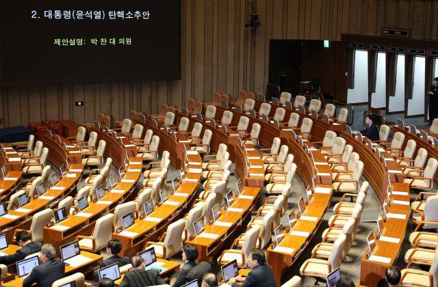 7일 오후 국회 본회의에서 대통령 탄핵소추안에 대한 더불어민주당 박찬대 원내대표의 제안 설명 때 국민의힘 의원들이 퇴장해 의석이 비어 있는 가운데 국민의힘 안철수 의원이 홀로 자리를 지키고 있다. 연합뉴스