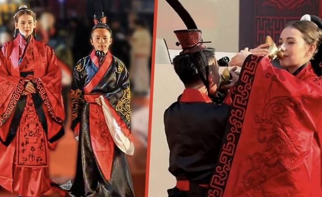 키 차이가 약 20cm가 나는 중국인 남성과 벨라루스 모델 출신 여성이 중국 전통결혼식을 올렸다. /사진=홍콩 SCMP, 중국 더우인