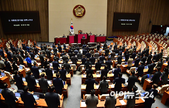 박찬대 더불어민주당 원내대표가 지난 7일 오후 서울 여의도 국회에서 열린 제418회국회(정기회) 제17차 본회의에서 윤석열 대통령 탄핵소추안 제안설명에 나서 동료의원들과 본회의장을 나간 국민의힘 의원 이름을 호명하고 있다. [사진=곽영래 기자]