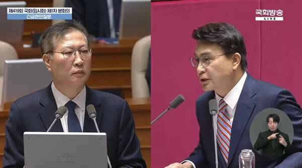 ▲윤상현 국민의힘 의원이 11일 국회 긴급현안질문에서 윤석열 대통령 내란행위와 관련해 비상계엄이 통치행위라는 판례를 빗대어 주장을 펴고 있다. 사진=국회방송 영상 갈무리