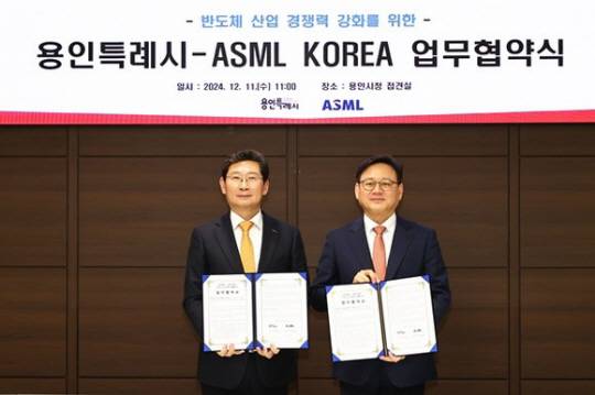 11일 경기 용인시 처인구 삼가동 용인시청사 접견실에서 이상일(왼쪽) 용인시장이 최한종 ASML코리아 대표와 시내에 사무소 설치 등의 내용을 담은 반도체 산업 경쟁력 강화를 위한 업무협약(MOU)을 체결한 뒤 협약서를 들어보이고 있다. 용인시청 제공