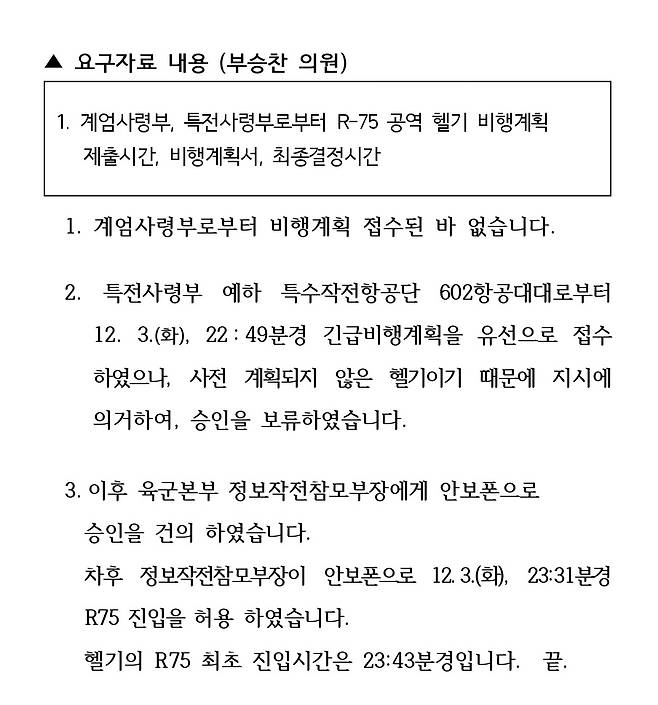 부승찬 더불어민주당 의원이 요구해 수방사가 제출한 계엄사와 특전사의 비행제한구역 R75 공역 헬기 비행계획 관련 자료. [부승찬 의원실 제공]