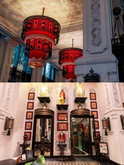 (위) 베트남 소수민족 레드 자오족 여성이 결혼할 때 쓰는 모자에서 영감받은 로비의 조명. (아래) 프랑스 오트 쿠튀르 스타일의 호텔 드 라 쿠폴 로비. ⓒ Eunhwan Park