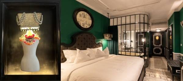 (왼쪽) 베트남 소수 민족의 전통 공예품과 오트 쿠튀르를 의미하는 진주로 장식한 오브제. 객실 내에서 확인할 수 있다. ⓒ Eunyoung Kang (오른쪽) 초록색을 콘셉트로 인테리어한 디럭스 킹 룸. ⓒ Eunhwan Park