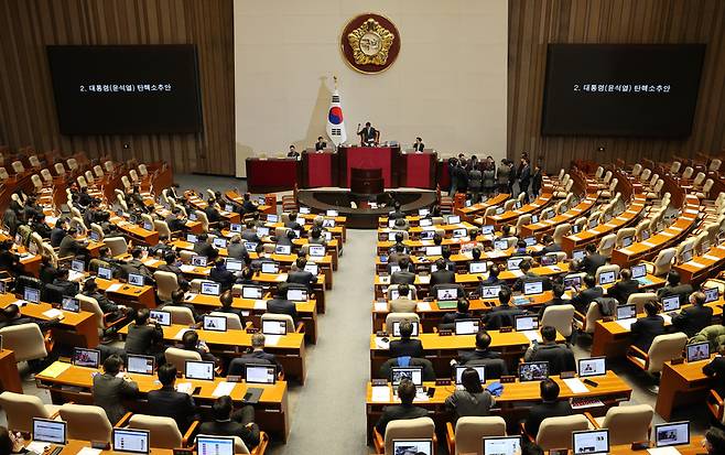 지난 7일 오후 국회 본회의장에서 발의된 윤석열 대통령 탄핵소추안은 의결 정족수 부족으로 '투표 불성립'됐다. / 사진=연합뉴