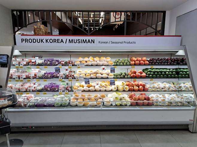 인도네시아 자카르타 북부에 있는 롯데마트 간다리아 시티점 입구에 진열돼 있는 여러 정류의 한국산 과일 모습. 김평화 기자