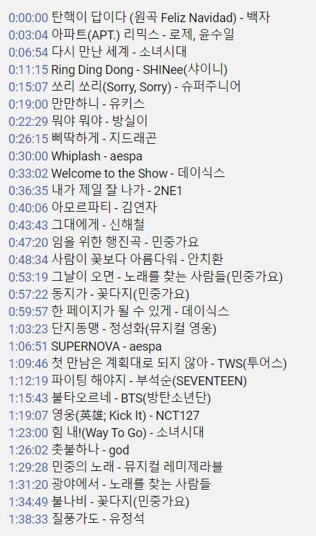 유튜브에 공개된 한 '탄핵 플레이리스트' 영상에 담긴 곡들. 유튜브 캡처