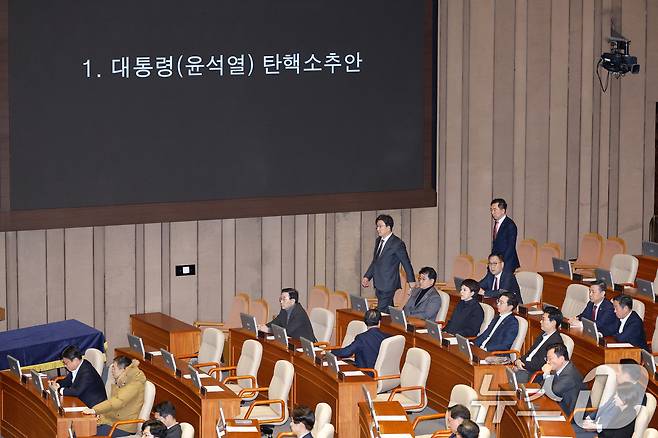 권성동 국민의힘 원내대표가 14일 오후 서울 여의도 국회에서 열린 제419회국회(임시회) 제4차 본회의에서 윤석열 대통령 탄핵소추안 무기명 투표를 하고 있다. 2024.12.14/뉴스1 ⓒ News1 안은나 기자