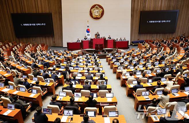 우원식 국회의장이 14일 오후 서울 여의도 국회에서 열린 제419회국회(임시회) 제4차 본회의에서 윤석열 대통령 탄핵소추안 가결을 알리고 있다. 2024.12.14/뉴스1 ⓒ News1 안은나 기자