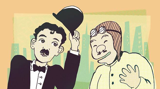 한국 첫 네컷 연재만화 '멍텅구리’는 1926년 ‘세계일주’(2월2일~8월14일·총 145회)편을 실었다. 최멍텅이 비행학교를 나온 친구 윤바람과 비행기 세계일주에 도전한다는 설정이다. 그림은 미국 샌프란시스코를 찾은 최멍텅, 윤바람이 영화배우 채플린 안내로 여행하는 장면이다.  조선일보 1926년 6월20일자에 실린 '멍텅구리 세계일주' 채플린 편에서 아이디어를 얻었다. 물론 허구다./일러스트=조선디자인랩 정다운