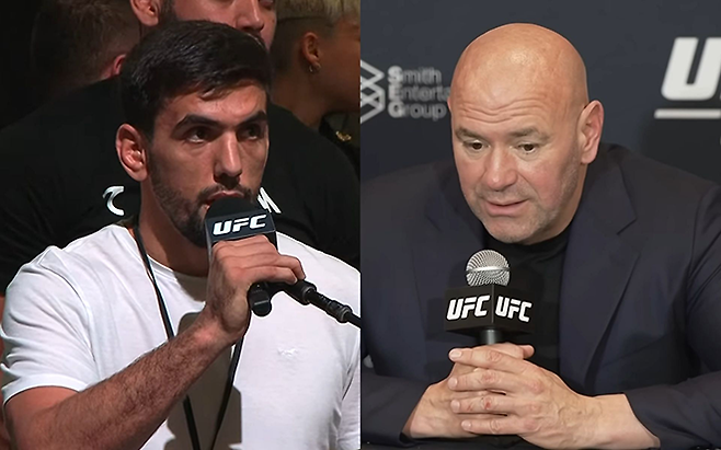 도롭쇼흐 나보토프(왼쪽)가 UFC 308 기자회견에서 데이나 화이트 회장한테 기회를 요청하고 있다. 사진=TKO