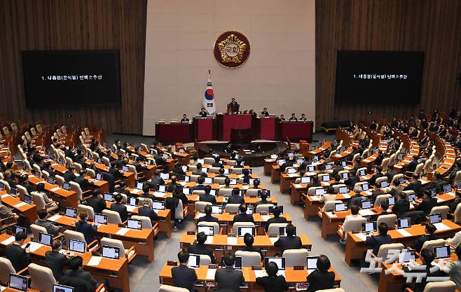 우원식 국회의장이 14일 오후 제419회 국회(임시회) 제4차 본회의에서 대통령(윤석열) 탄핵소추안을 상정하는 모습. 황진환 기자