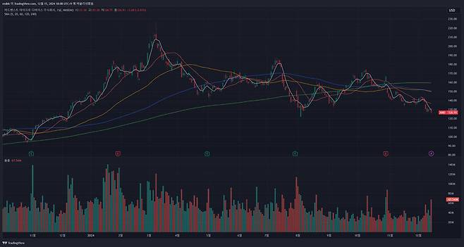 AMD(종목 코드 : AMD)의 주가 흐름을 보여주는 일봉 차트 / 출처=트레이딩뷰