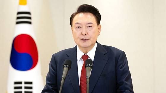 President Yoon Suk Yeol speaks during an address at the Yongsan presidential office in central Seoul on Thursday. [PRESIDENTIAL OFFICE]