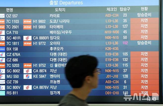 [인천공항=뉴시스] 고범준 기자 = 117년 만에 기록적인 폭설이 내린 28일 오후 인천국제공항 제1여객터미널 출발층 전광판에 '지연' 안내문이 나오고 있다. 2024.11.28. bjko@newsis.com