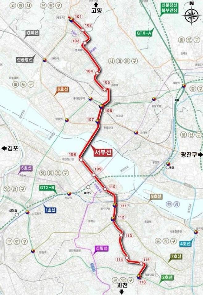 서부선 노선도. 12일 진행된 민간투자사업심의위원회에서 서부선 민간투자사업 실시협약(안)과 위례신사선 민간투자사업 지정취소(안)이 상정돼 의결됐다.ⓒ은평구