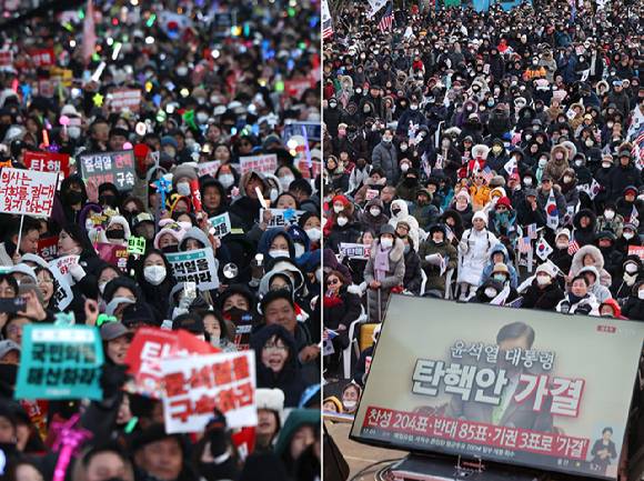 윤석열 대통령 탄핵소추안이 국회 본회의에서 가결된 가운데 헌법재판소 게시판에는 탄핵을 찬성한다는 입장과 반대한다는 입장의 글이 폭증하면서 첨예하게 대립하고 있다. 사진은  윤석열 대통령 탄핵소추안이 가결된 14일 서울 여의도 국회 앞에서 '윤석열 즉각 퇴진·사회대개혁 비상행동' 주최로 열린 촛불집회 참가자들이 환호하는 반면(왼쪽), 종로구 동화면세점 앞에서 보수성향 단체인 대한민국바로세우기국민운동본부(대국본) 주최로 열린 탄핵 반대 '자유 대한민국 수호 국민혁명대회'에 참가자들이 실망하고 있는 모습. [사진=연합뉴스]
