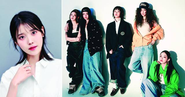 아이유(왼쪽)와 뉴진스는 응원봉을 들고 시위에 나선 팬들에게 음식을 제공하며 챙겼다. 이담엔터테인먼트 어도어 제공