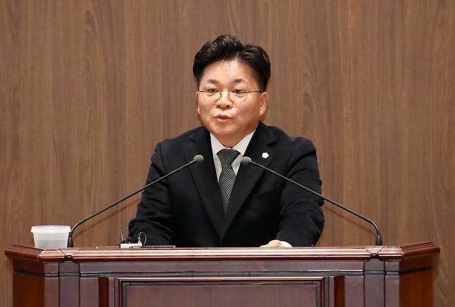 [홍성=뉴시스] 김민수 충남도의원 본회의 발언 모습.  *재판매 및 DB 금지