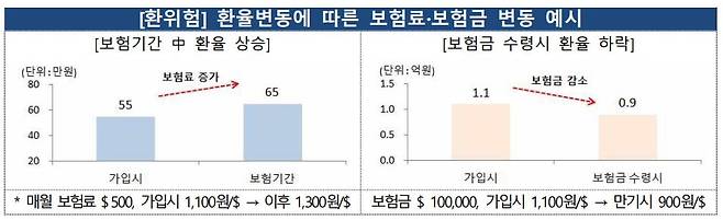 환율 변동에 따른 외화보험 보험료·보험금 변동 예시 / 자료=금융감독원