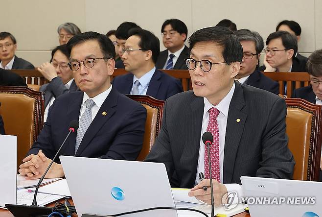 질의에 답변하는 이창용 한국은행 총재 (서울=연합뉴스) 김주형 기자 = 이창용 한국은행 총재가 17일 오후 국회에서 열린 기획재정위원회 전체회의에 출석해 의원 질의에 답변하고 있다. 왼쪽은 최상목 경제부총리 겸 기획재정부 장관. 2024.12.17 kjhpress@yna.co.kr