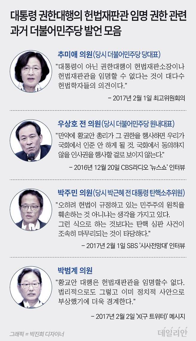 더불어민주당 주요 정치인들의 과거 박근혜 전 대통령 탄핵심판 당시 황교안 대통령 권한대행의 헌법재판관 임명 권한 관련 발언들 ⓒ데일리안 박진희 그래픽디자이너