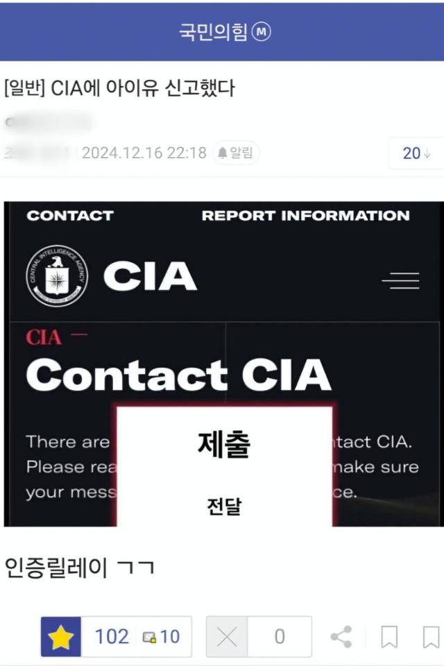 미국 중앙정보국(CIA)에 가수 아이유를 신고했다며 한 누리꾼이 올린 인증글. 온라인 커뮤니티 캡처