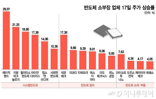 반도체 소부장 업체 17일 주가 상승률/그래픽=이지혜