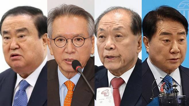 왼쪽부터 문희상 전 국회의장, 김형오 전 국회의장, 황우여 전 국민의힘 비상대책위원장, 이석현 전 국회부의장. [연합, 이상섭 기자(황 전 위원장 사진)]