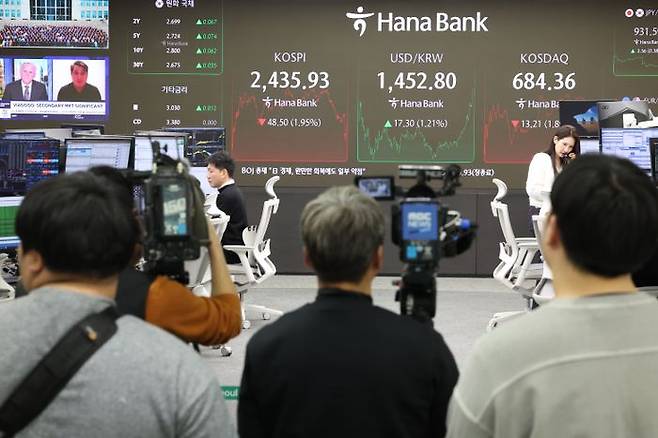 19일 오후 서울 중구 하나은행 본점에서 취재진이 딜링룸 현황판에 표시된 코스피, 코스닥 지수를 살피고 있다.ⓒ연합뉴스