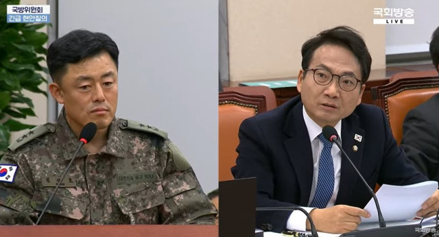 지난 10일 국회 국방위원회 현안질의에서 박선원(오른쪽) 의원이 문상호 사령관에게 "노상원을 아느냐"고 묻고 있다. /국회방송