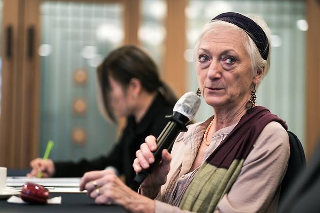 French writer Sylvie Germain speaks during a press conference for the 13th Pak Kyongni Prize in Seoul on Wednesday. (Yonhap)