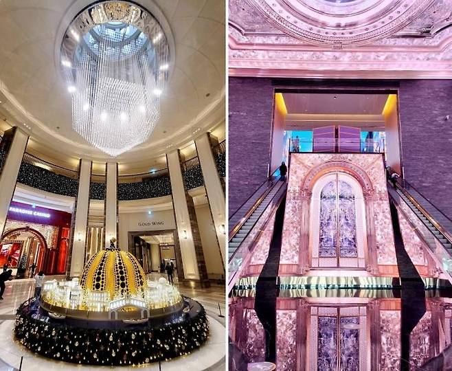 파라다이스시티 로비(왼쪽)와 인스파이어 에스컬레이터(오른쪽). [촬영 강종구]