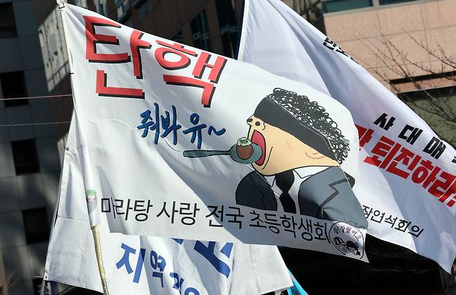 Flags featuring memes and silly names of made-up organizations used during the rally demanding the impeachment of President Yoon Suk Yeol near the National Assembly in western Seoul on Dec. 14. [YONHAP]