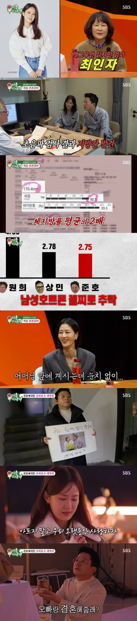 2022년 4월 공개 연애를 시작해 3년 넘게 사랑을 이어온 김준호와 김지민이 드디어 눈물과 감동이 가득했던 프러포즈 현장을 공개했다. 그간 ‘미운 우리 새끼’를 통해 예비 장모님께 가까워지기 위해 콘서트 표를 예매하고 집안일을 돕는 등 고군분투했던 김준호의 노력을 알고 있는 MC들과 母벤져스는 “드디어 오늘이냐”라며 흥분을 감추지 못하며 자기 일처럼 설레는 모습을 보였다. 22일 방송한 ‘미운 우리 새끼’에서는 눈물·감동 가득했던 김준호♥김지민 프러포즈 현장이 공개되며 시청률 최고 16%, 2049-수도권 가구 주간 1위를 기록했다. 방송에 출연한 김지민의 어머니는 김준호에 대해 “성격 좋고, 개그감 있고, 인상 좋아” 라며 예비 사위 사랑을 드러냈다. 결혼 전 건강검진을 두 사람. 김준호는 남성호르몬 2.7 결과에 충격을 받았고, &nbsp;김지민은 “담배 끊어야 결혼” 이라며 단호한 모습을 보였다.‘미운우리새끼’ (사진: SBS)